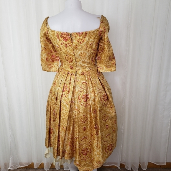 Vintage  B. Altman poof dress tulle layered yellow gold red floral square neck - Picture 8 of 16